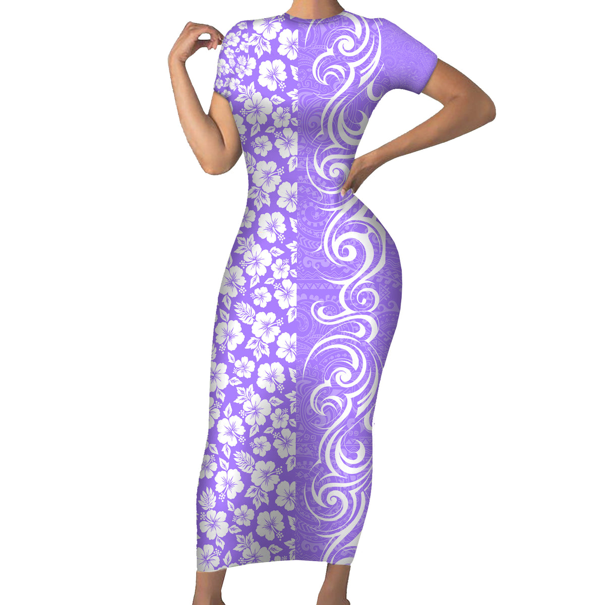 Custom Hawaii Kauai Island Family Matching Short Sleeve Bodycon Dress and Hawaiian Shirt Hibiscus Pattern Seamless Tribal Simple Purple LT03 Mom's Dress Purple - Polynesian Pride
