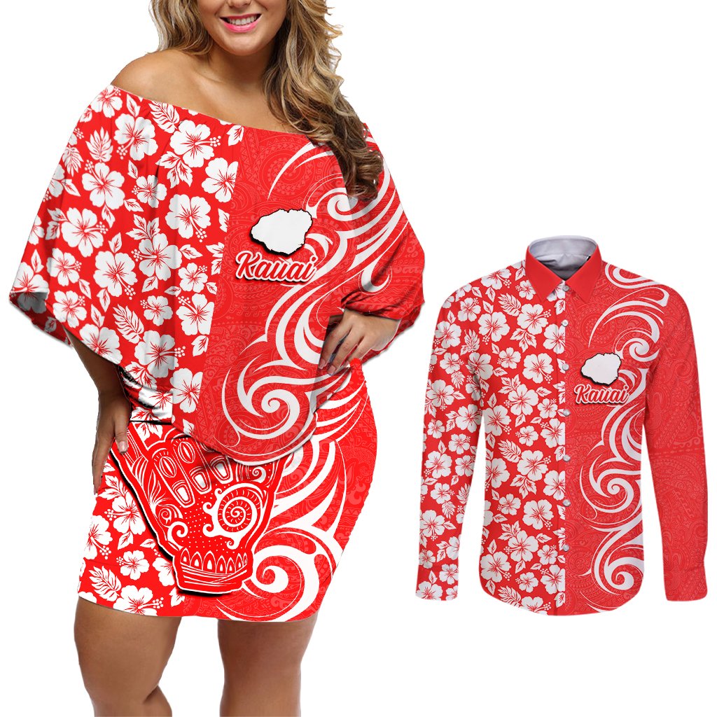 Custom Hawaii Kauai Island Couples Matching Off Shoulder Short Dress and Long Sleeve Button Shirts Hibiscus Pattern Seamless Tribal Simple Red LT03 Red - Polynesian Pride