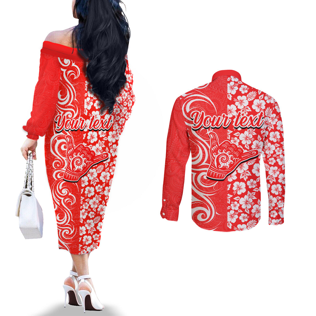 Custom Hawaii Kauai Island Couples Matching Off The Shoulder Long Sleeve Dress and Long Sleeve Button Shirts Hibiscus Pattern Seamless Tribal Simple Red LT03 - Polynesian Pride