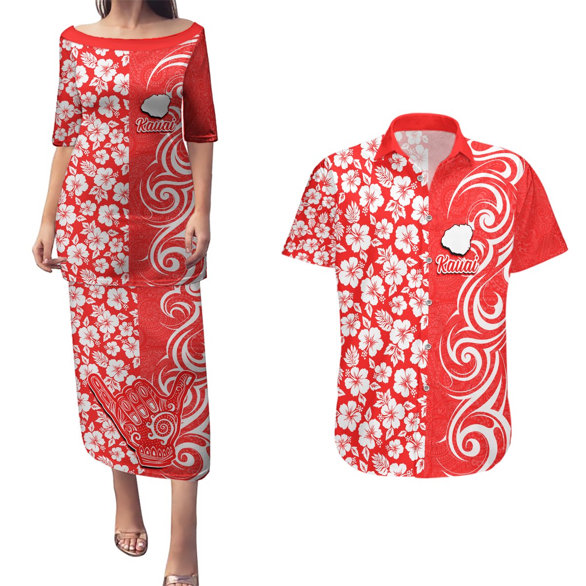 Custom Hawaii Kauai Island Couples Matching Puletasi Dress and Hawaiian Shirt Hibiscus Pattern Seamless Tribal Simple Red LT03 Red - Polynesian Pride