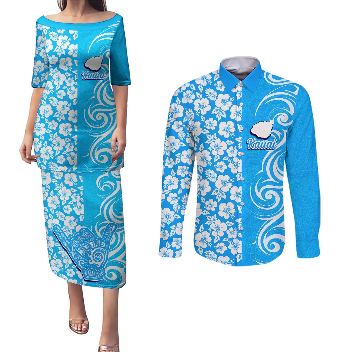 Hawaii Kauai Island Couples Matching Puletasi Dress and Long Sleeve Button Shirts Hibiscus Pattern Seamless Tribal Simple Blue LT03 Blue - Polynesian Pride