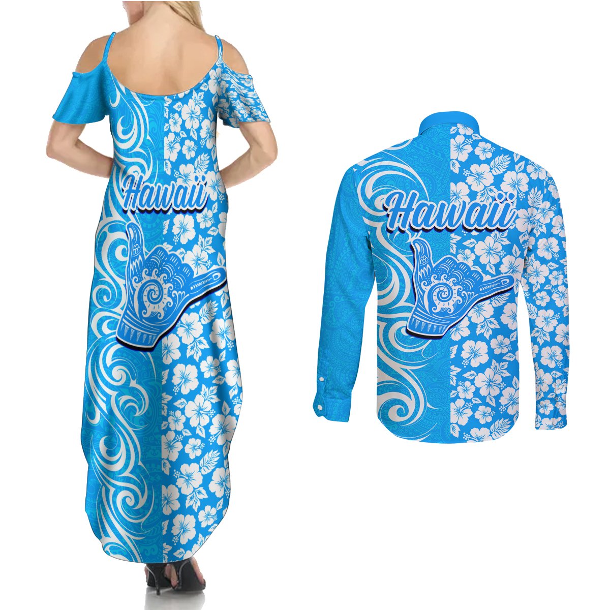 Hawaii Kauai Island Couples Matching Summer Maxi Dress and Long Sleeve Button Shirts Hibiscus Pattern Seamless Tribal Simple Blue LT03 - Polynesian Pride