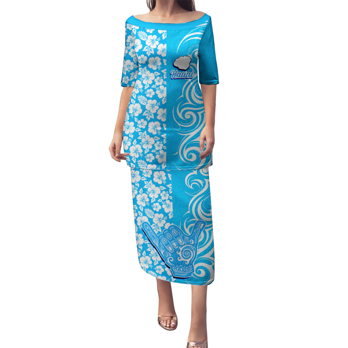 Hawaii Kauai Island Family Matching Puletasi Dress and Hawaiian Shirt Hibiscus Pattern Seamless Tribal Simple Blue LT03 Mom's Dress Blue - Polynesian Pride