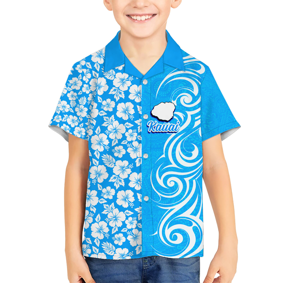 Hawaii Kauai Island Kid Hawaiian Shirt Hibiscus Pattern Seamless Tribal Simple Blue LT03 Kid Blue - Polynesian Pride