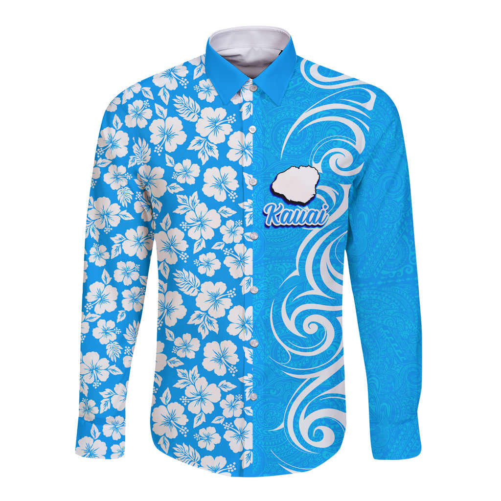 Hawaii Kauai Island Long Sleeve Button Shirt Hibiscus Pattern Seamless Tribal Simple Blue LT03 Unisex Blue - Polynesian Pride