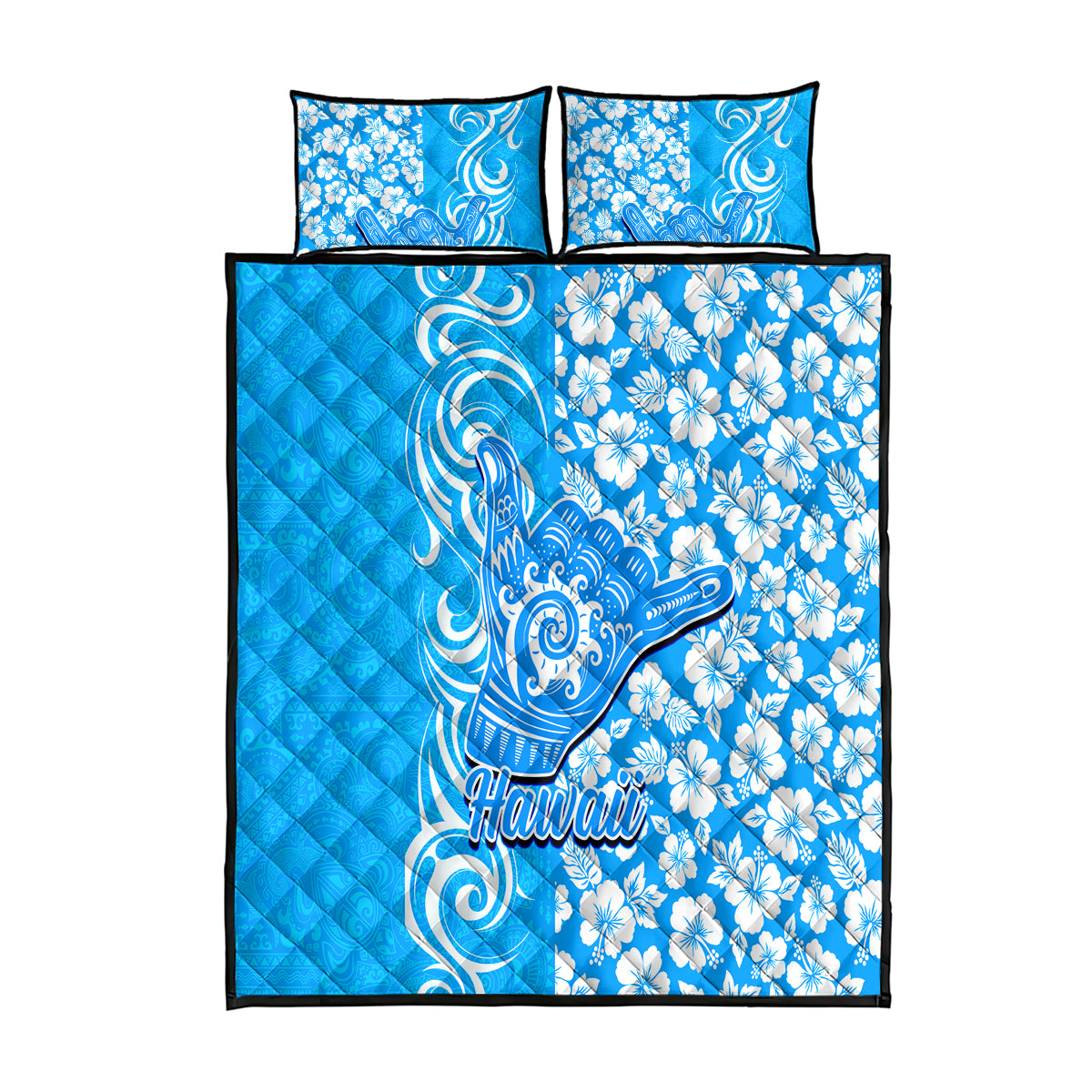 Hawaii Kauai Island Quilt Bed Set Hibiscus Pattern Seamless Tribal Simple Blue LT03 Blue - Polynesian Pride