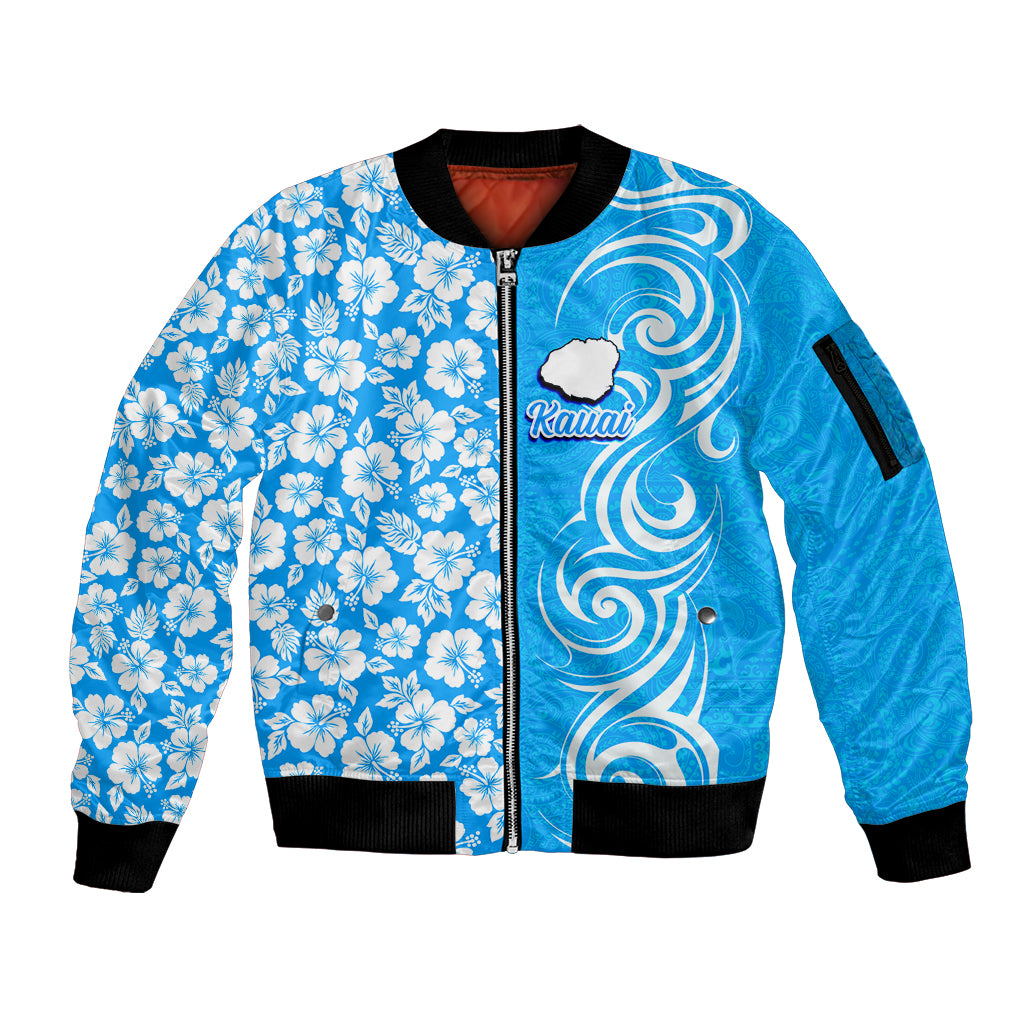 Hawaii Kauai Island Sleeve Zip Bomber Jacket Hibiscus Pattern Seamless Tribal Simple Blue LT03 Unisex Blue - Polynesian Pride