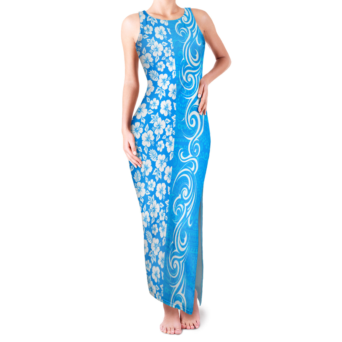 Custom Hawaii Kauai Island Family Matching Tank Maxi Dress and Hawaiian Shirt Hibiscus Pattern Seamless Tribal Simple Blue LT03 Mom's Dress Blue - Polynesian Pride