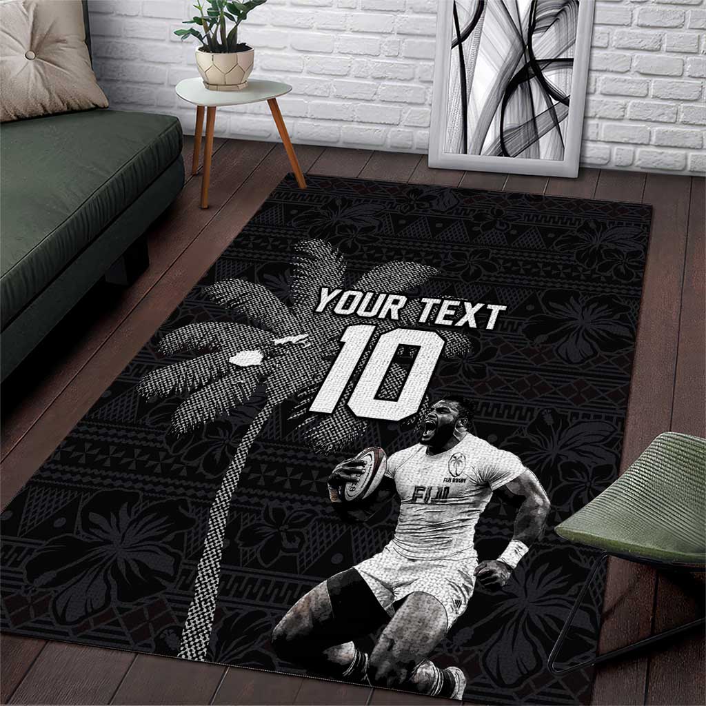 Custom Fiji Rugby Pacific Champions 2024 Area Rug Anniversary 7 Titles - Fijians Rugby and Tapa Hibiscus Black Art LT03 Black - Polynesian Pride