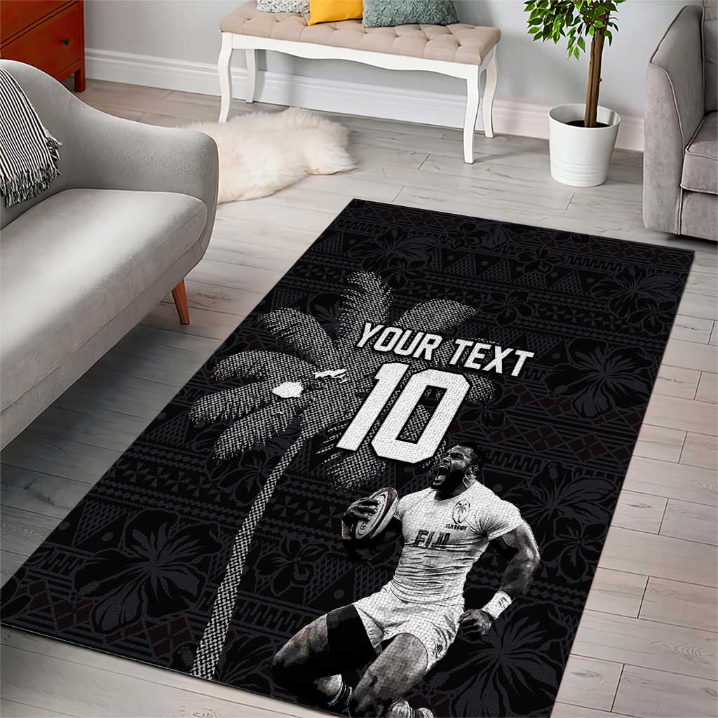 Custom Fiji Rugby Pacific Champions 2024 Area Rug Anniversary 7 Titles - Fijians Rugby and Tapa Hibiscus Black Art LT03 - Polynesian Pride