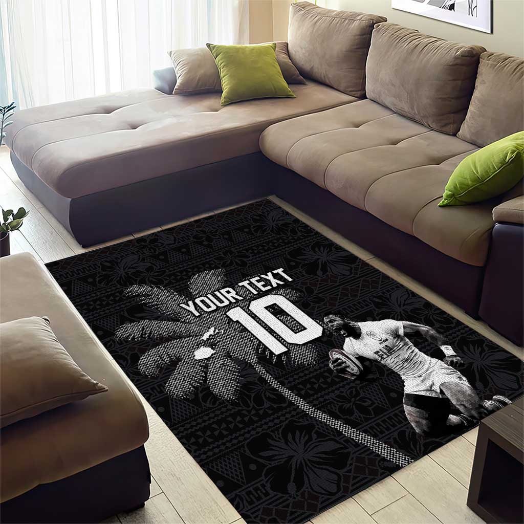 Custom Fiji Rugby Pacific Champions 2024 Area Rug Anniversary 7 Titles - Fijians Rugby and Tapa Hibiscus Black Art LT03 - Polynesian Pride