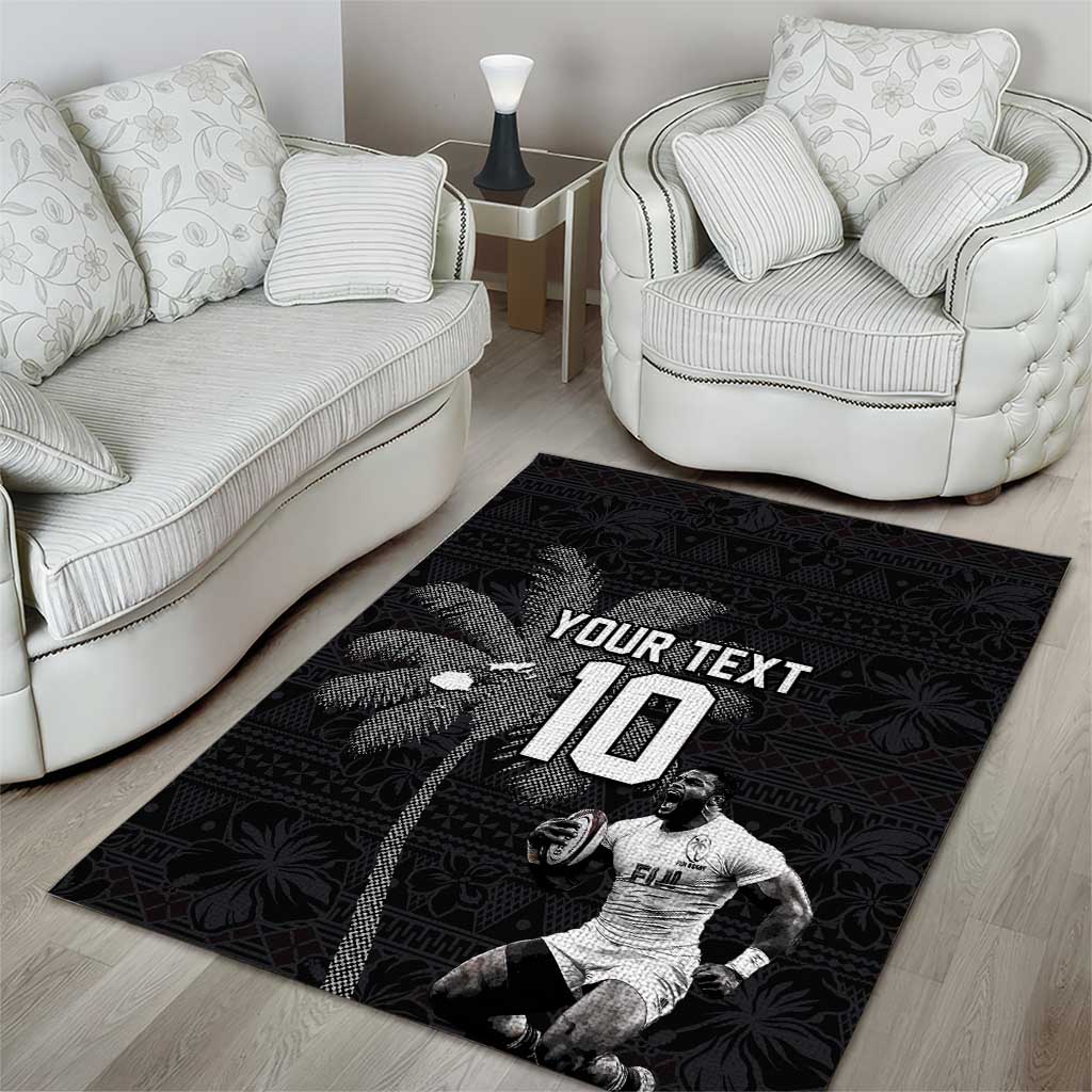 Custom Fiji Rugby Pacific Champions 2024 Area Rug Anniversary 7 Titles - Fijians Rugby and Tapa Hibiscus Black Art LT03 - Polynesian Pride