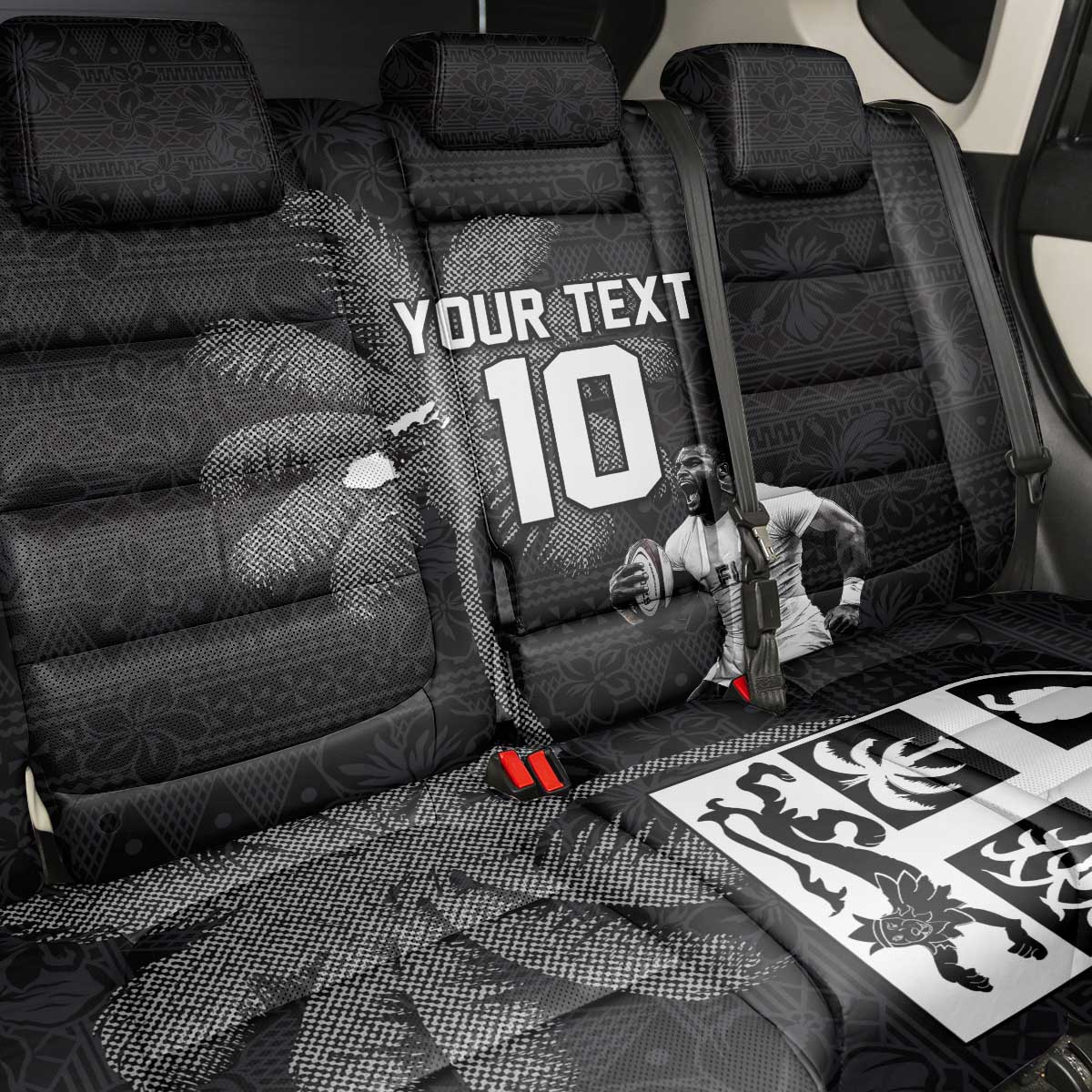Custom Fiji Rugby Pacific Champions 2024 Back Car Seat Cover Anniversary 7 Titles - Fijians Rugby and Tapa Hibiscus Black Art LT03 - Polynesian Pride