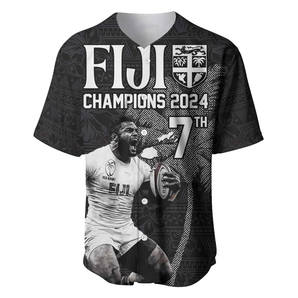 Custom Fiji Rugby Pacific Champions 2024 Baseball Jersey Anniversary 7 Titles - Fijians Rugby and Tapa Hibiscus Black Art LT03 Black - Polynesian Pride