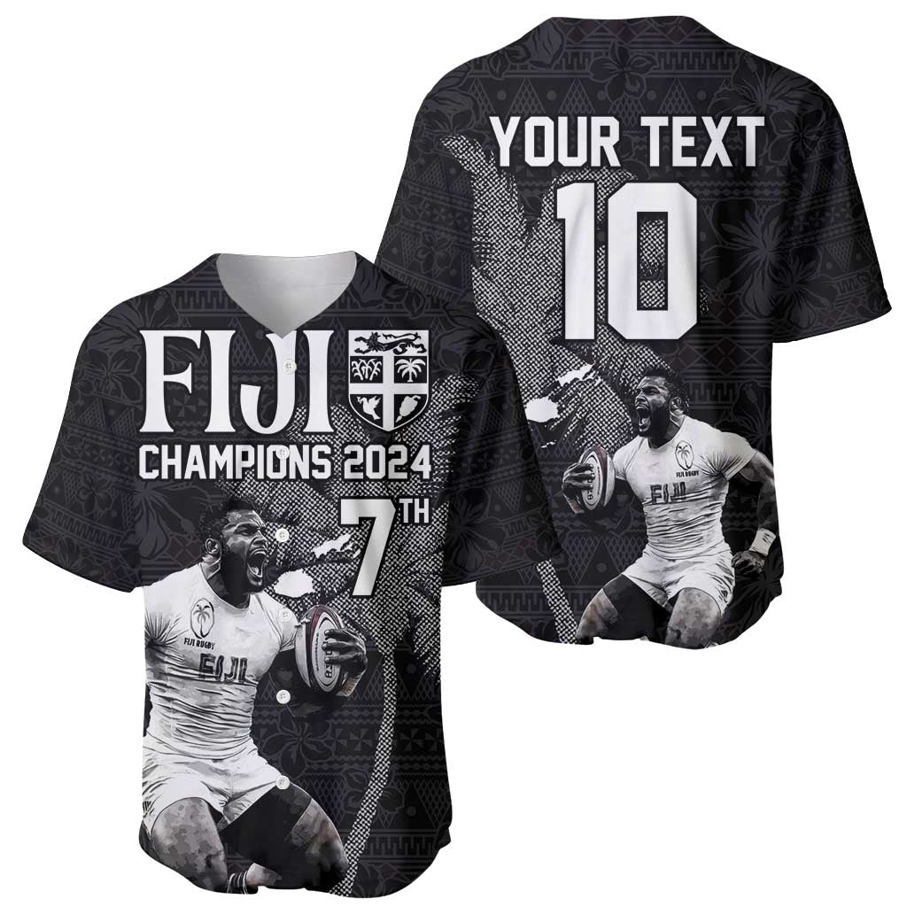 Custom Fiji Rugby Pacific Champions 2024 Baseball Jersey Anniversary 7 Titles - Fijians Rugby and Tapa Hibiscus Black Art LT03 - Polynesian Pride
