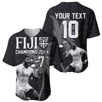 Custom Fiji Rugby Pacific Champions 2024 Baseball Jersey Anniversary 7 Titles - Fijians Rugby and Tapa Hibiscus Black Art LT03 - Polynesian Pride