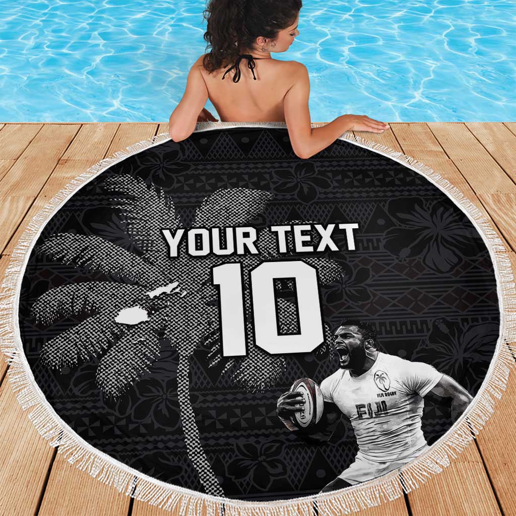 Custom Fiji Rugby Pacific Champions 2024 Beach Blanket Anniversary 7 Titles - Fijians Rugby and Tapa Hibiscus Black Art LT03 - Polynesian Pride