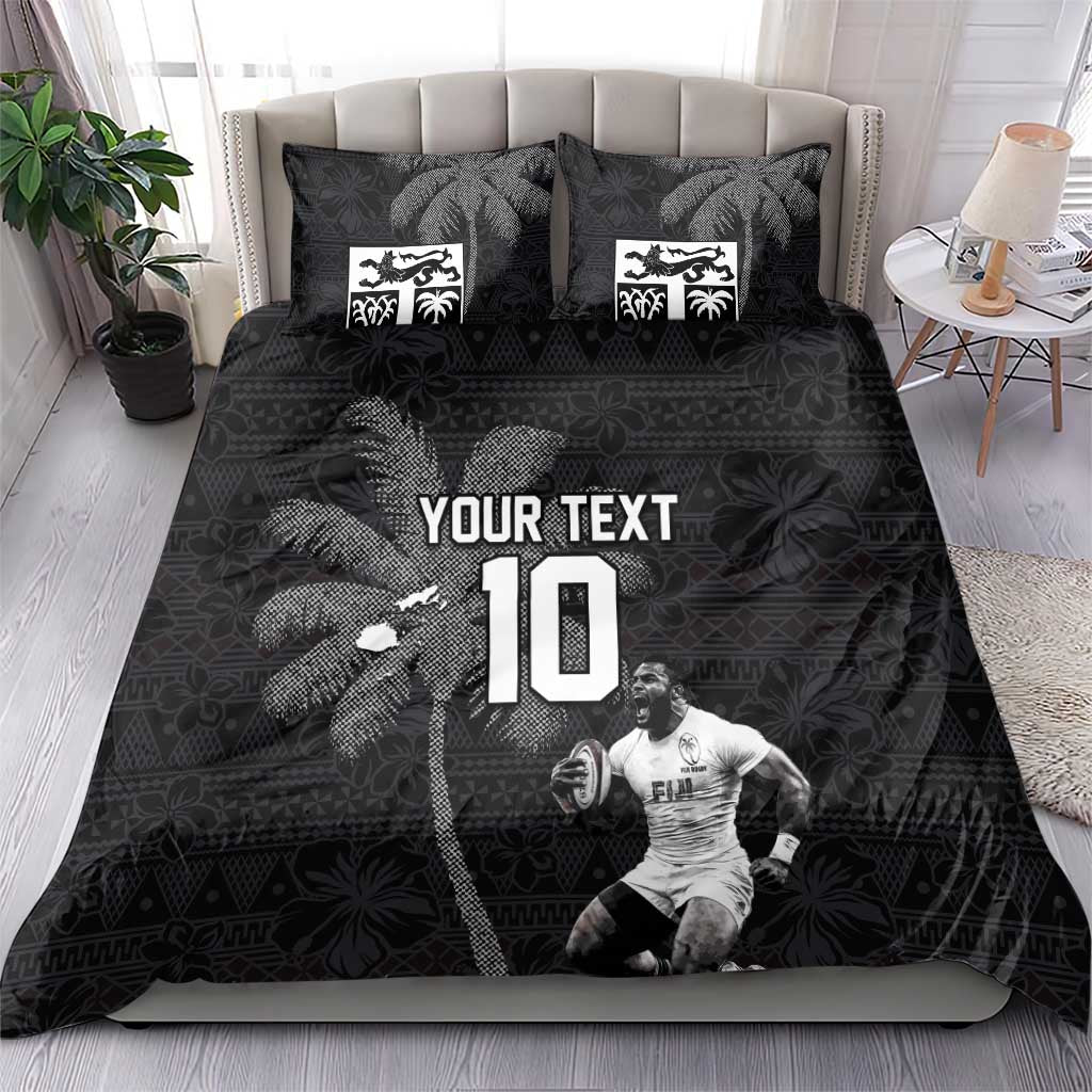 Custom Fiji Rugby Pacific Champions 2024 Bedding Set Anniversary 7 Titles - Fijians Rugby and Tapa Hibiscus Black Art LT03 - Polynesian Pride