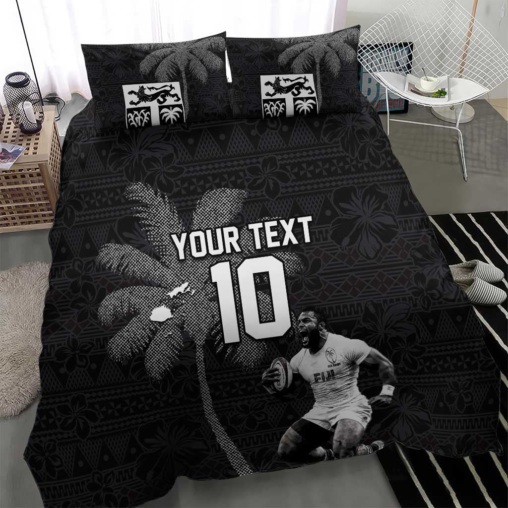 Custom Fiji Rugby Pacific Champions 2024 Bedding Set Anniversary 7 Titles - Fijians Rugby and Tapa Hibiscus Black Art LT03 - Polynesian Pride