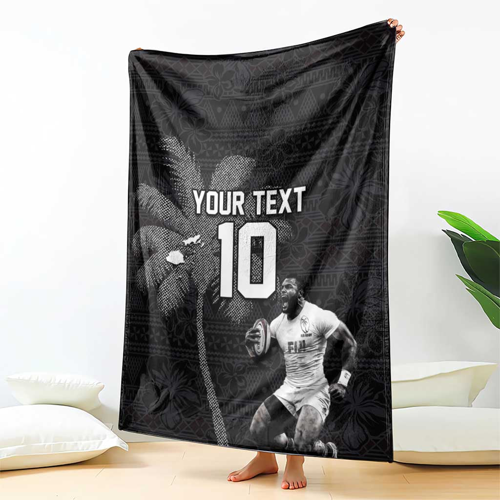 Custom Fiji Rugby Pacific Champions 2024 Blanket Anniversary 7 Titles - Fijians Rugby and Tapa Hibiscus Black Art LT03 - Polynesian Pride