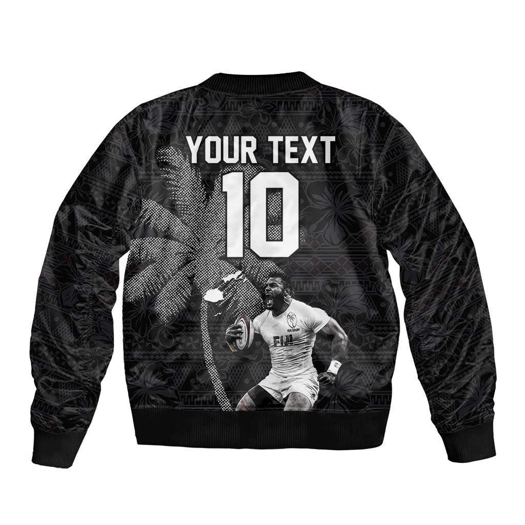 Custom Fiji Rugby Pacific Champions 2024 Bomber Jacket Anniversary 7 Titles - Fijians Rugby and Tapa Hibiscus Black Art LT03 - Polynesian Pride