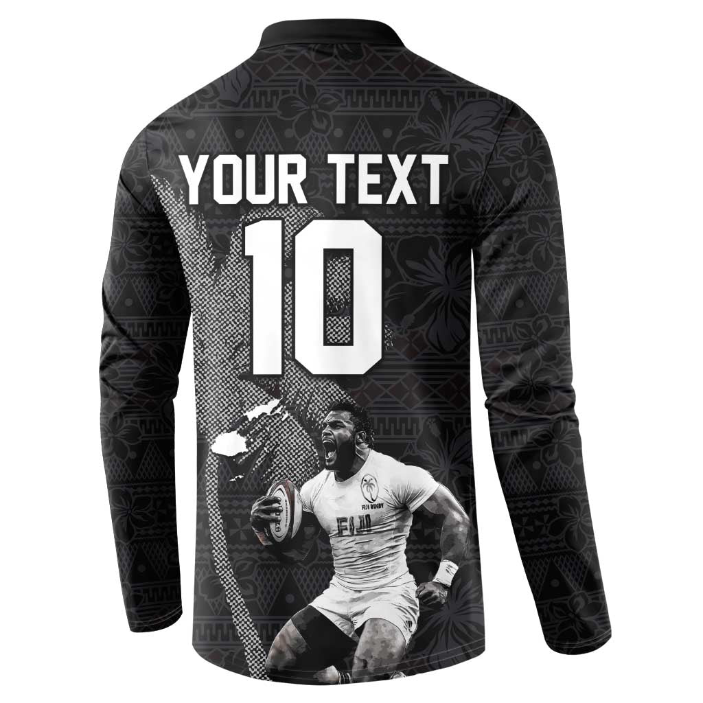 Custom Fiji Rugby Pacific Champions 2024 Button Sweatshirt Anniversary 7 Titles - Fijians Rugby and Tapa Hibiscus Black Art LT03 - Polynesian Pride