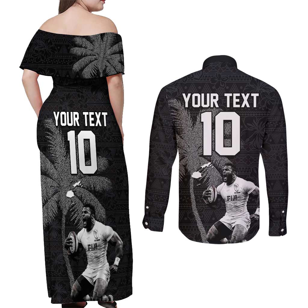Custom Fiji Rugby Pacific Champions 2024 Couples Matching Off Shoulder Maxi Dress and Long Sleeve Button Shirt Anniversary 7 Titles - Fijians Rugby and Tapa Hibiscus Black Art LT03 - Polynesian Pride