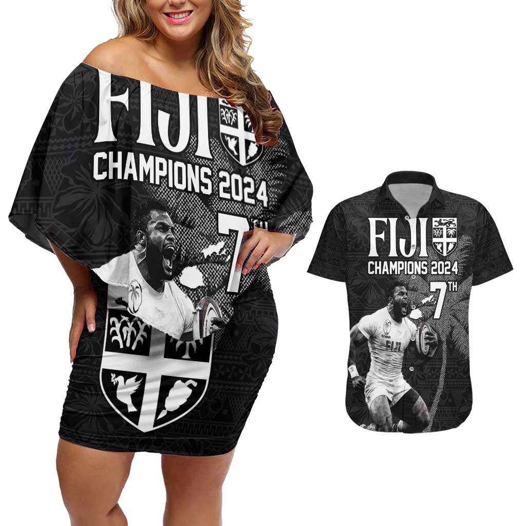 Custom Fiji Rugby Pacific Champions 2024 Couples Matching Off Shoulder Short Dress and Hawaiian Shirt Anniversary 7 Titles - Fijians Rugby and Tapa Hibiscus Black Art LT03 Black - Polynesian Pride