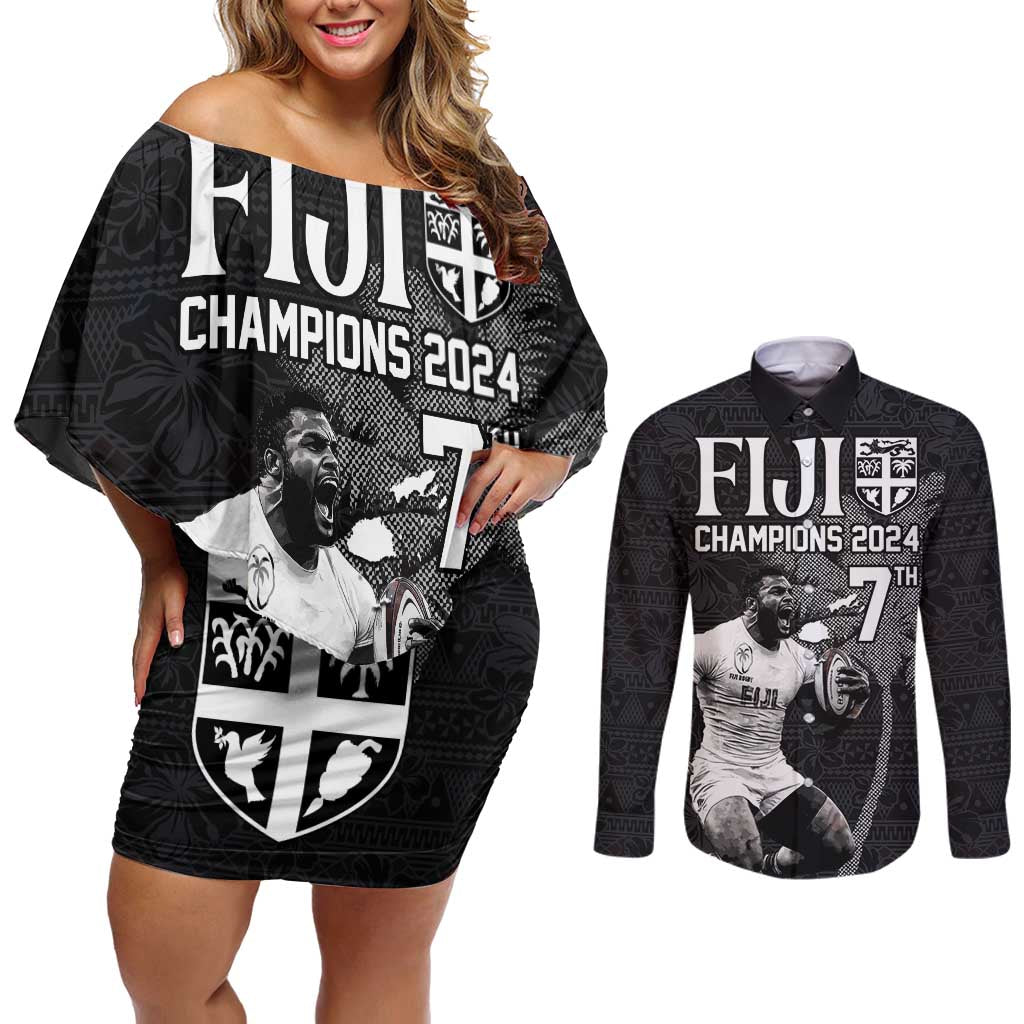 Custom Fiji Rugby Pacific Champions 2024 Couples Matching Off Shoulder Short Dress and Long Sleeve Button Shirt Anniversary 7 Titles - Fijians Rugby and Tapa Hibiscus Black Art LT03 Black - Polynesian Pride