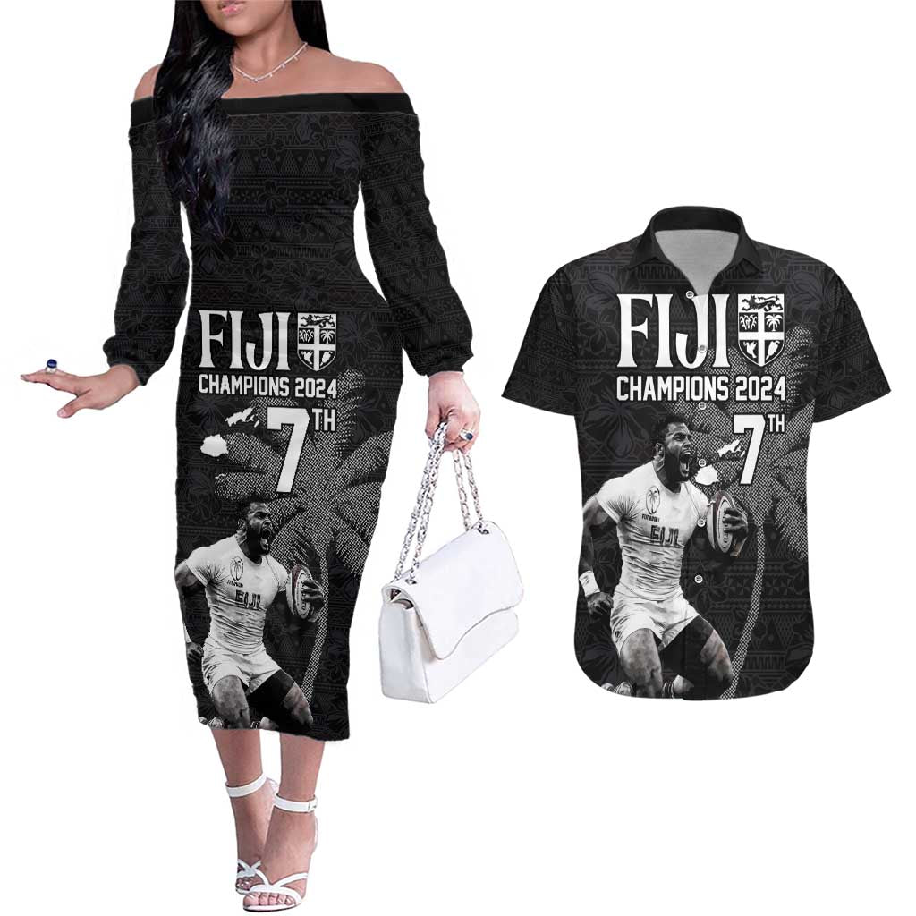 Custom Fiji Rugby Pacific Champions 2024 Couples Matching Off The Shoulder Long Sleeve Dress and Hawaiian Shirt Anniversary 7 Titles - Fijians Rugby and Tapa Hibiscus Black Art LT03 Black - Polynesian Pride