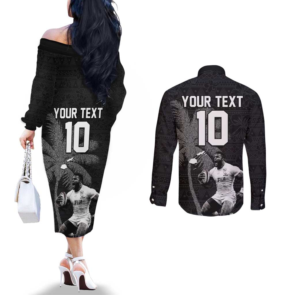Custom Fiji Rugby Pacific Champions 2024 Couples Matching Off The Shoulder Long Sleeve Dress and Long Sleeve Button Shirt Anniversary 7 Titles - Fijians Rugby and Tapa Hibiscus Black Art LT03 - Polynesian Pride