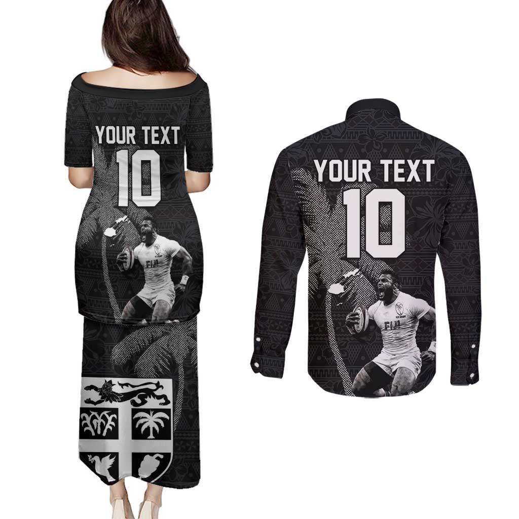 Custom Fiji Rugby Pacific Champions 2024 Couples Matching Puletasi and Long Sleeve Button Shirt Anniversary 7 Titles - Fijians Rugby and Tapa Hibiscus Black Art LT03 - Polynesian Pride