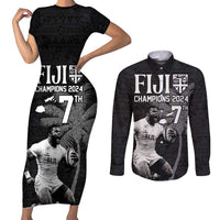 Custom Fiji Rugby Pacific Champions 2024 Couples Matching Short Sleeve Bodycon Dress and Long Sleeve Button Shirt Anniversary 7 Titles - Fijians Rugby and Tapa Hibiscus Black Art LT03 Black - Polynesian Pride