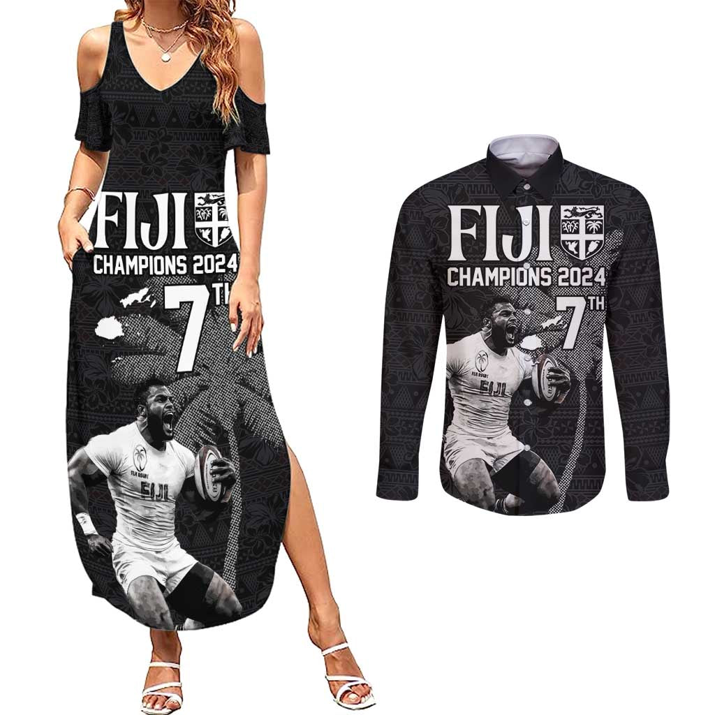 Custom Fiji Rugby Pacific Champions 2024 Couples Matching Summer Maxi Dress and Long Sleeve Button Shirt Anniversary 7 Titles - Fijians Rugby and Tapa Hibiscus Black Art LT03 Black - Polynesian Pride