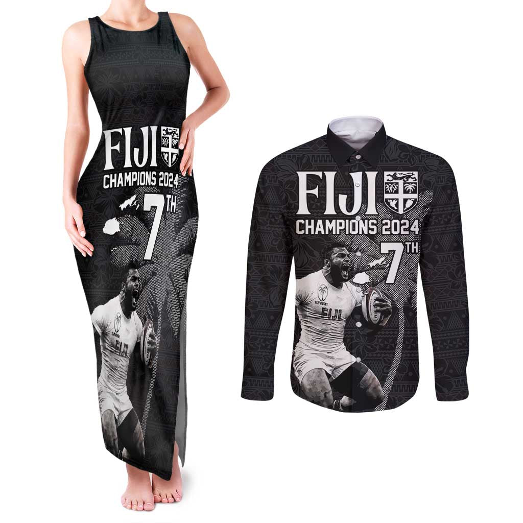 Custom Fiji Rugby Pacific Champions 2024 Couples Matching Tank Maxi Dress and Long Sleeve Button Shirt Anniversary 7 Titles - Fijians Rugby and Tapa Hibiscus Black Art LT03 Black - Polynesian Pride