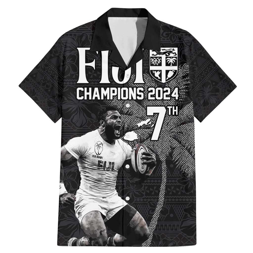 Custom Fiji Rugby Pacific Champions 2024 Family Matching Mermaid Dress and Hawaiian Shirt Anniversary 7 Titles - Fijians Rugby and Tapa Hibiscus Black Art LT03 Dad's Shirt - Short Sleeve Black - Polynesian Pride