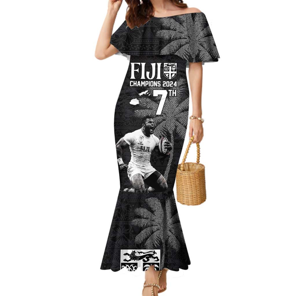 Custom Fiji Rugby Pacific Champions 2024 Family Matching Mermaid Dress and Hawaiian Shirt Anniversary 7 Titles - Fijians Rugby and Tapa Hibiscus Black Art LT03 Mom's Dress Black - Polynesian Pride
