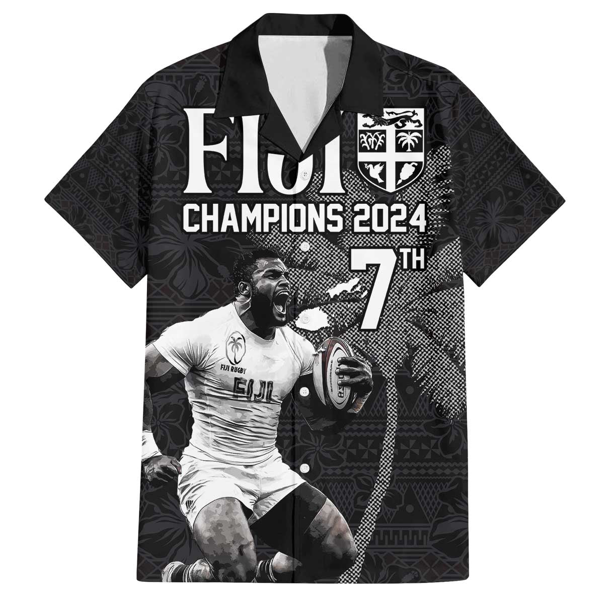 Custom Fiji Rugby Pacific Champions 2024 Family Matching Off The Shoulder Long Sleeve Dress and Hawaiian Shirt Anniversary 7 Titles - Fijians Rugby and Tapa Hibiscus Black Art LT03 Dad's Shirt - Short Sleeve Black - Polynesian Pride