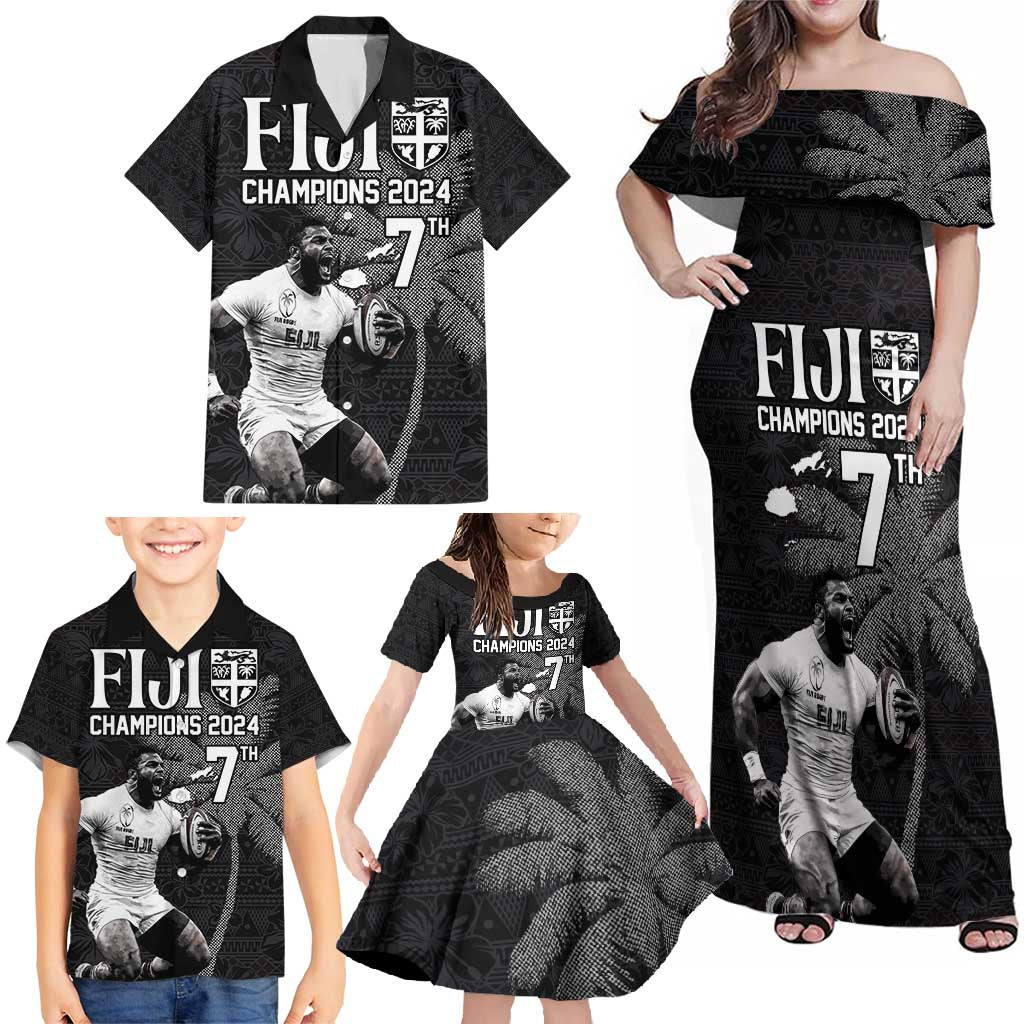 Custom Fiji Rugby Pacific Champions 2024 Family Matching Off Shoulder Maxi Dress and Hawaiian Shirt Anniversary 7 Titles - Fijians Rugby and Tapa Hibiscus Black Art LT03 - Polynesian Pride