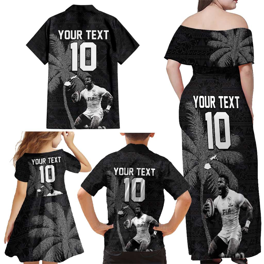 Custom Fiji Rugby Pacific Champions 2024 Family Matching Off Shoulder Maxi Dress and Hawaiian Shirt Anniversary 7 Titles - Fijians Rugby and Tapa Hibiscus Black Art LT03 - Polynesian Pride
