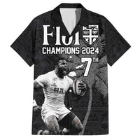 Custom Fiji Rugby Pacific Champions 2024 Family Matching Off Shoulder Maxi Dress and Hawaiian Shirt Anniversary 7 Titles - Fijians Rugby and Tapa Hibiscus Black Art LT03 Dad's Shirt - Short Sleeve Black - Polynesian Pride