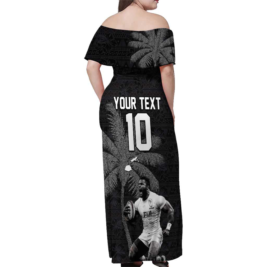 Custom Fiji Rugby Pacific Champions 2024 Family Matching Off Shoulder Maxi Dress and Hawaiian Shirt Anniversary 7 Titles - Fijians Rugby and Tapa Hibiscus Black Art LT03 - Polynesian Pride
