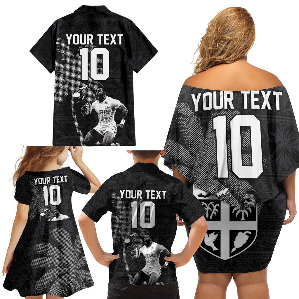 Custom Fiji Rugby Pacific Champions 2024 Family Matching Off Shoulder Short Dress and Hawaiian Shirt Anniversary 7 Titles - Fijians Rugby and Tapa Hibiscus Black Art LT03 - Polynesian Pride