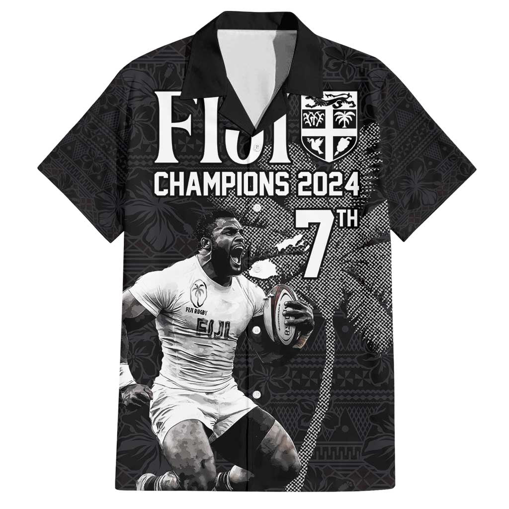 Custom Fiji Rugby Pacific Champions 2024 Family Matching Off Shoulder Short Dress and Hawaiian Shirt Anniversary 7 Titles - Fijians Rugby and Tapa Hibiscus Black Art LT03 Dad's Shirt - Short Sleeve Black - Polynesian Pride