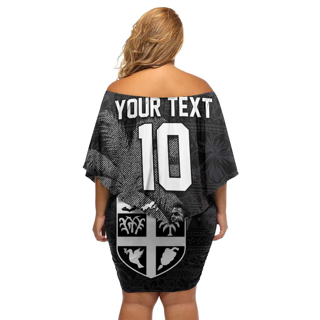 Custom Fiji Rugby Pacific Champions 2024 Family Matching Off Shoulder Short Dress and Hawaiian Shirt Anniversary 7 Titles - Fijians Rugby and Tapa Hibiscus Black Art LT03 - Polynesian Pride
