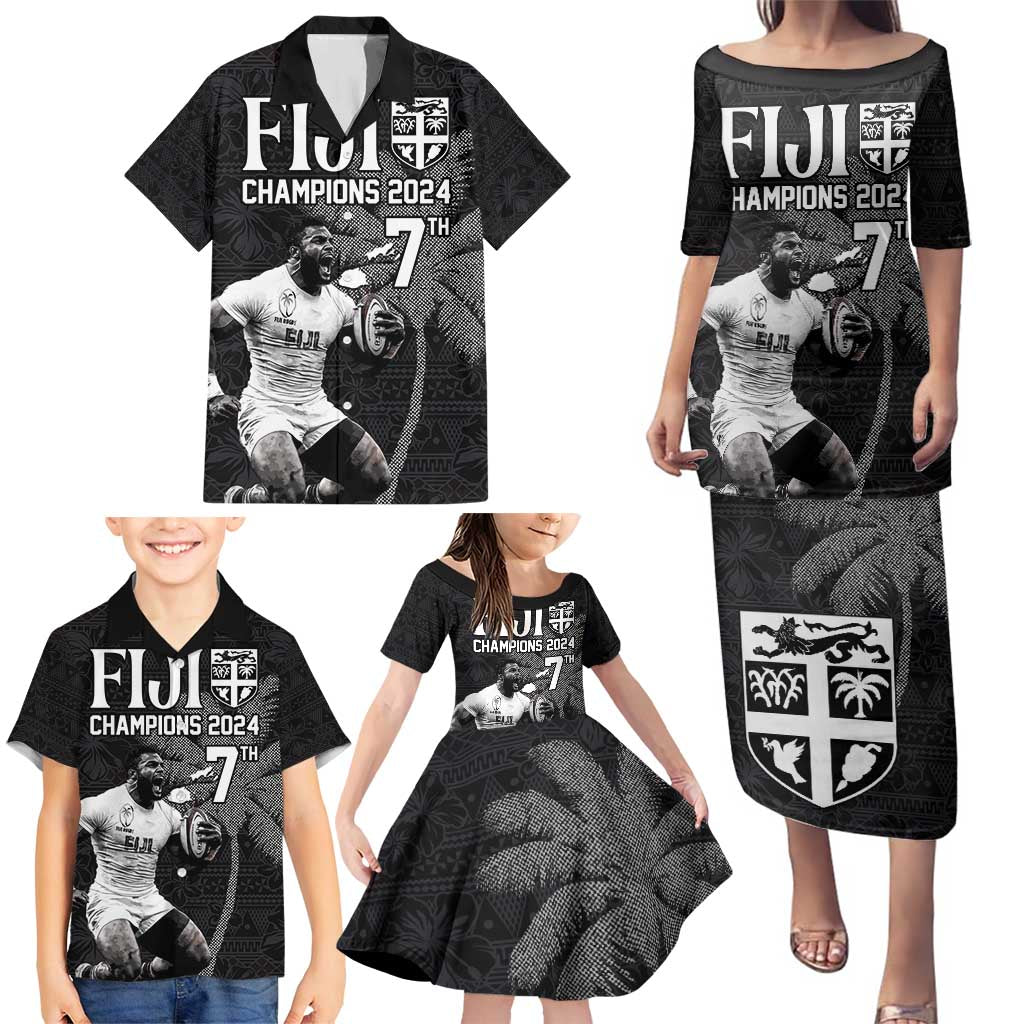 Custom Fiji Rugby Pacific Champions 2024 Family Matching Puletasi and Hawaiian Shirt Anniversary 7 Titles - Fijians Rugby and Tapa Hibiscus Black Art LT03 - Polynesian Pride