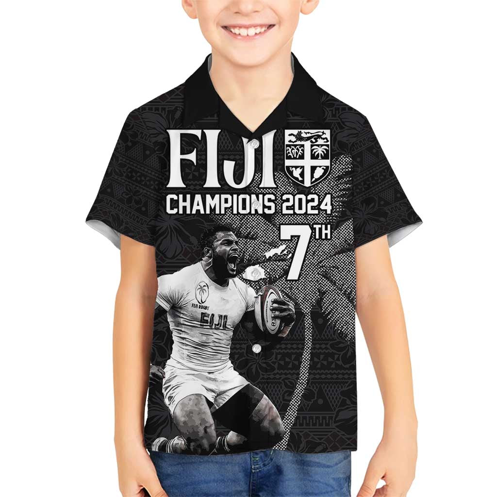 Custom Fiji Rugby Pacific Champions 2024 Family Matching Puletasi and Hawaiian Shirt Anniversary 7 Titles - Fijians Rugby and Tapa Hibiscus Black Art LT03 Son's Shirt Black - Polynesian Pride