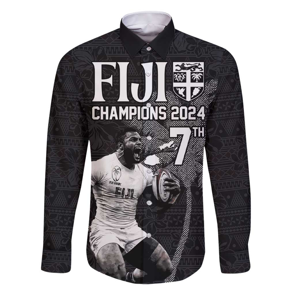 Custom Fiji Rugby Pacific Champions 2024 Family Matching Short Sleeve Bodycon Dress and Hawaiian Shirt Anniversary 7 Titles - Fijians Rugby and Tapa Hibiscus Black Art LT03 Dad's Shirt - Long Sleeve Black - Polynesian Pride
