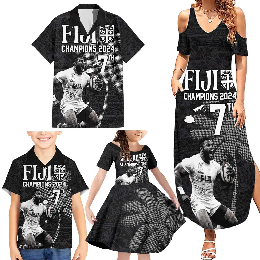 Custom Fiji Rugby Pacific Champions 2024 Family Matching Summer Maxi Dress and Hawaiian Shirt Anniversary 7 Titles - Fijians Rugby and Tapa Hibiscus Black Art LT03 - Polynesian Pride