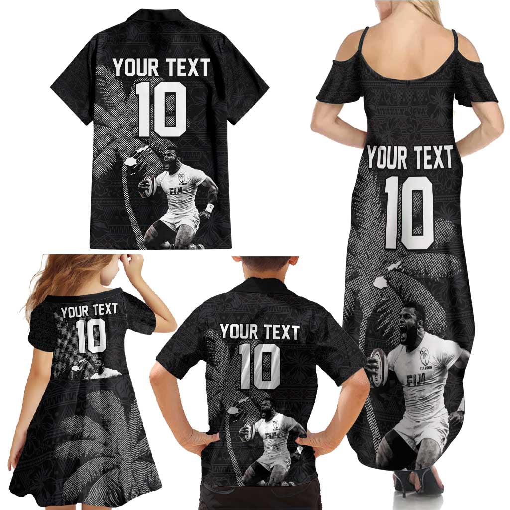 Custom Fiji Rugby Pacific Champions 2024 Family Matching Summer Maxi Dress and Hawaiian Shirt Anniversary 7 Titles - Fijians Rugby and Tapa Hibiscus Black Art LT03 - Polynesian Pride